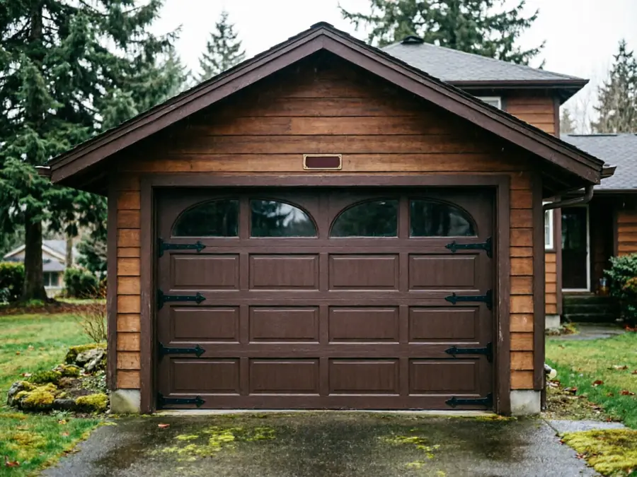 A brown garage door with decorative black hinges on a wooden house.