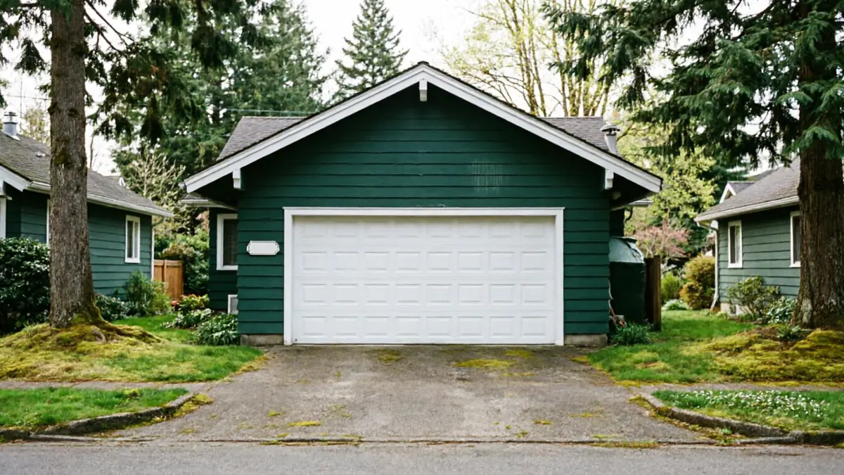 Technician on a stepladder installing a white carriage-style garage door with windows