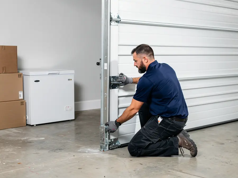 A technician kneels, adjusting the bottom roller of a white garage door.