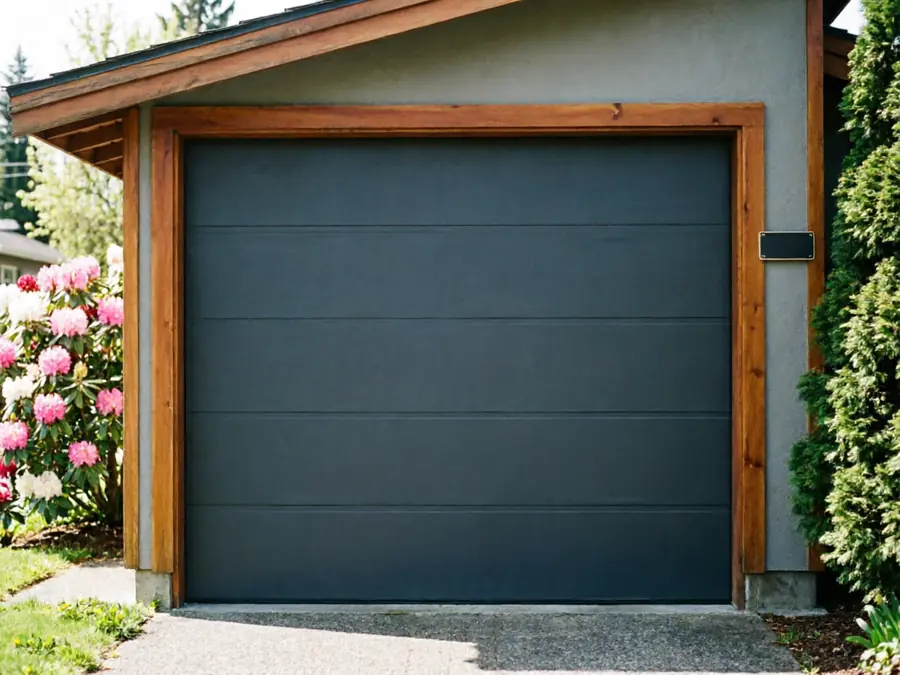 A dark gray garage door with horizontal panels is framed by wood trim.