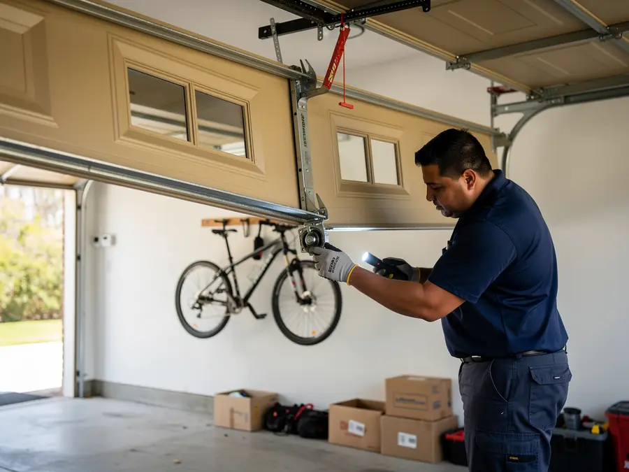 A technician inspects a tan garage door with windows, holding a flashlight.