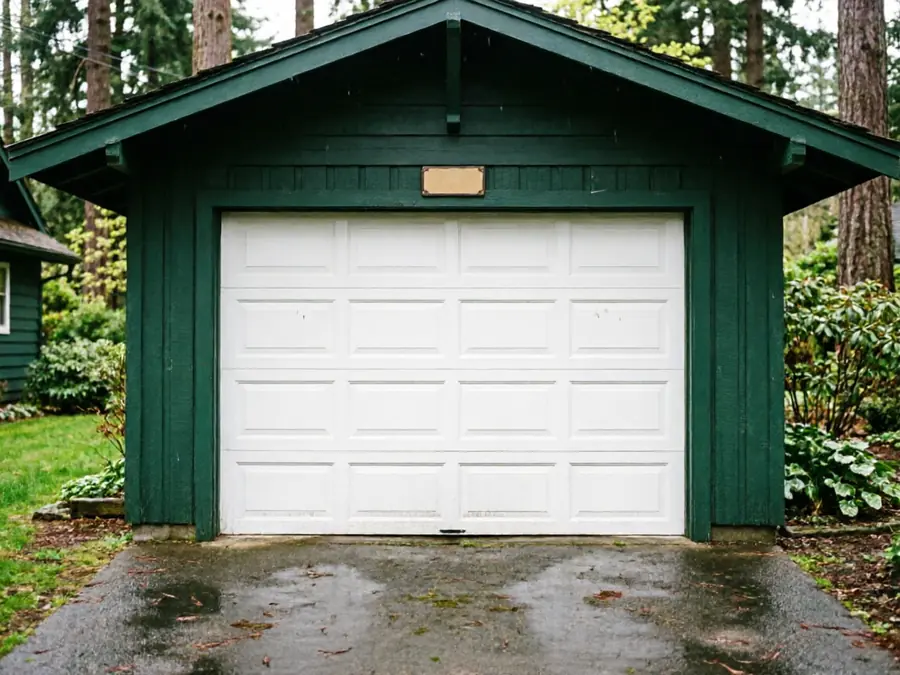 A white paneled garage door is on a dark green garage with a wet driveway.